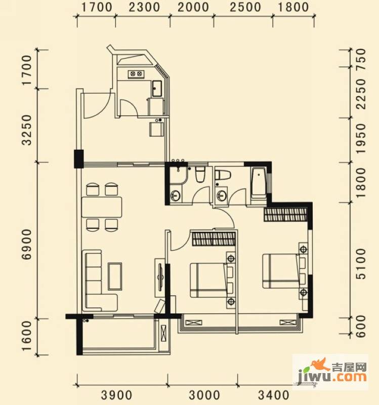 天御2室2厅2卫98.4㎡户型图