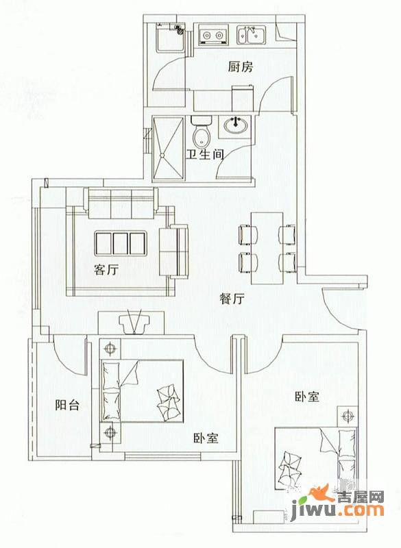 凯悦美景花园2室2厅1卫76㎡户型图