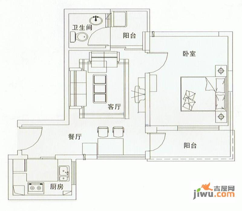 凯悦美景花园1室2厅1卫56㎡户型图