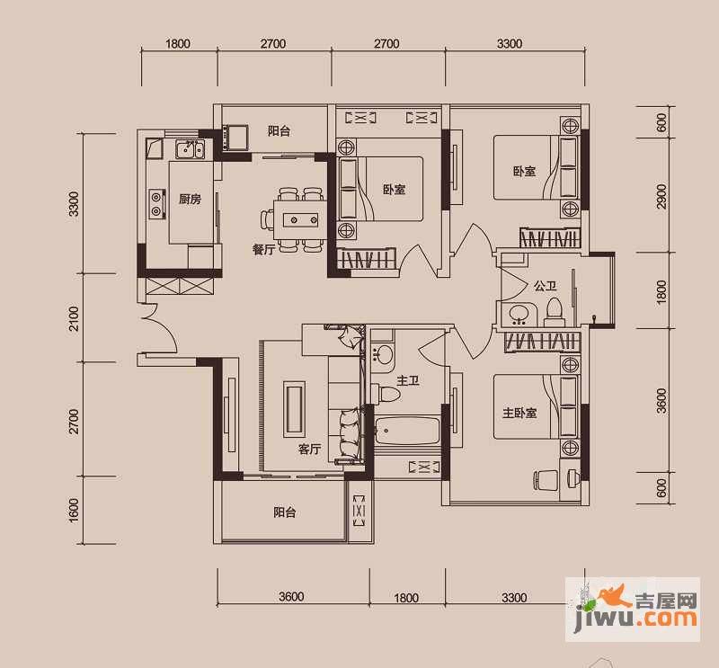 金地外滩8号3室2厅2卫96.6㎡户型图