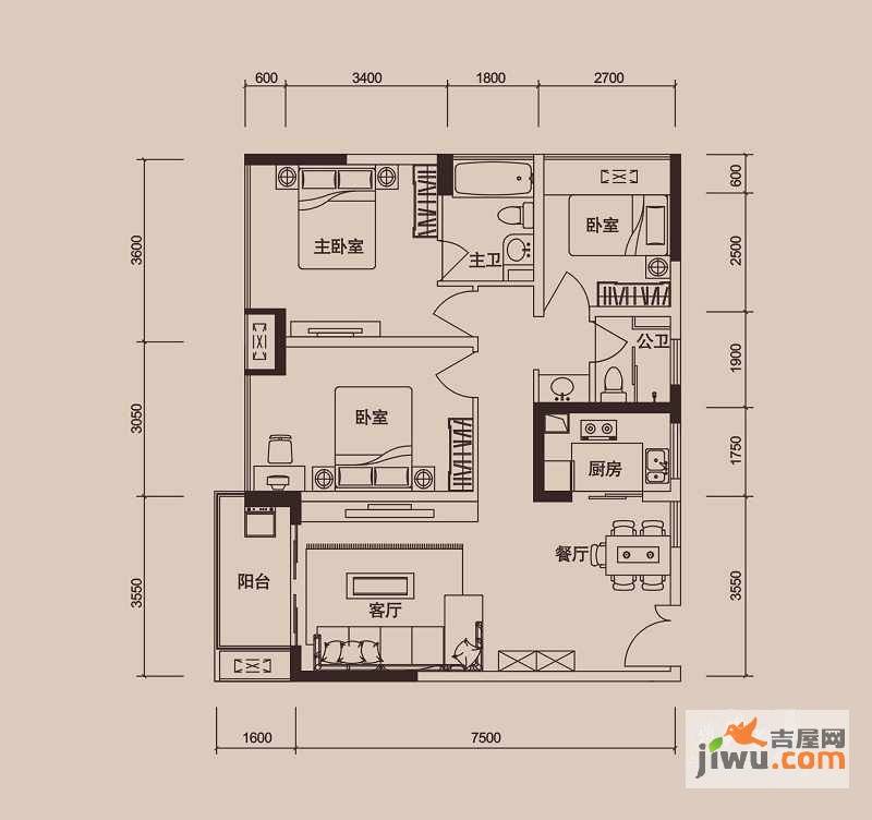 金地外滩8号3室2厅2卫92.9㎡户型图