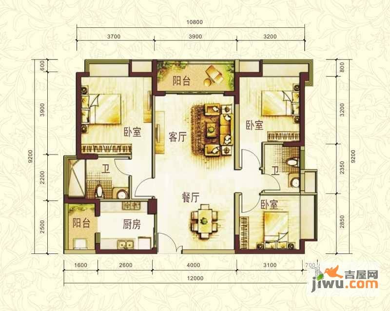 中惠珺庭3室2厅1卫110㎡户型图