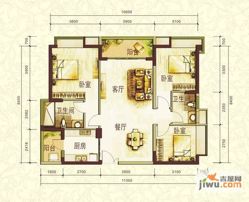 中惠珺庭3室2厅2卫109.8㎡户型图