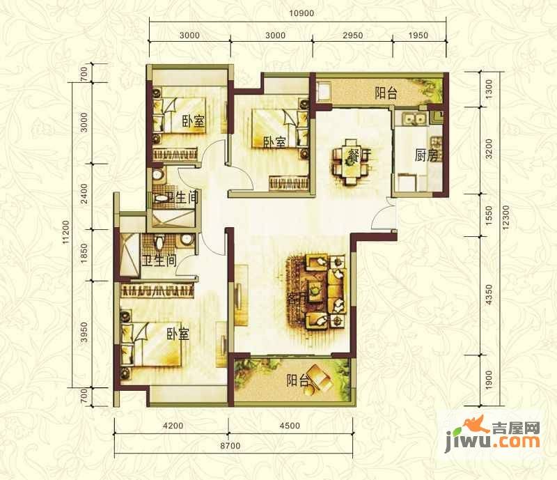 中惠珺庭3室2厅2卫126.6㎡户型图