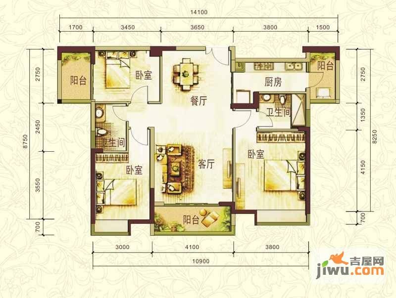 中惠珺庭3室2厅2卫116㎡户型图