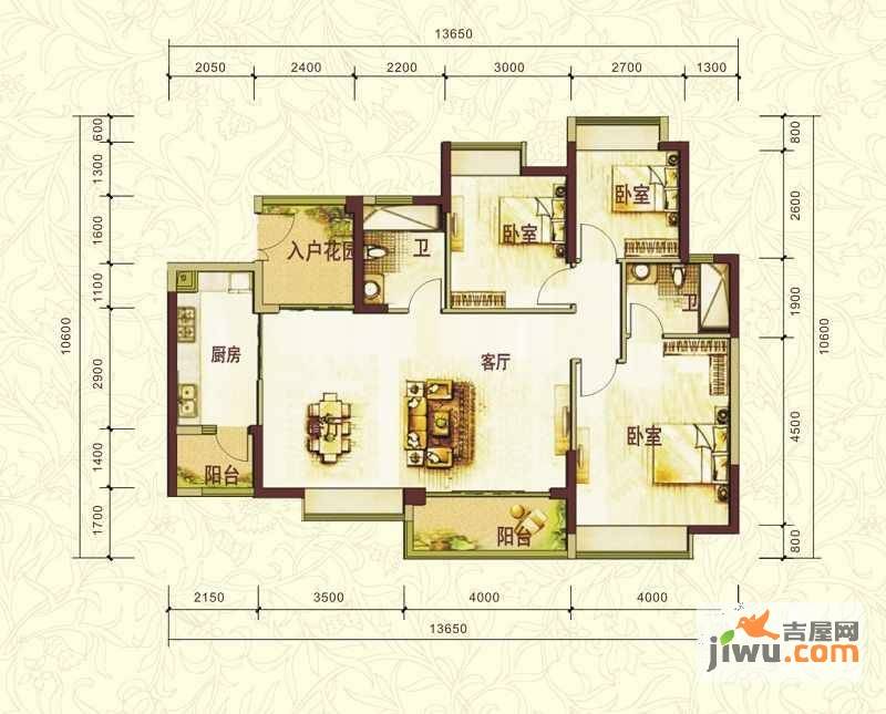 中惠珺庭3室2厅2卫115.8㎡户型图