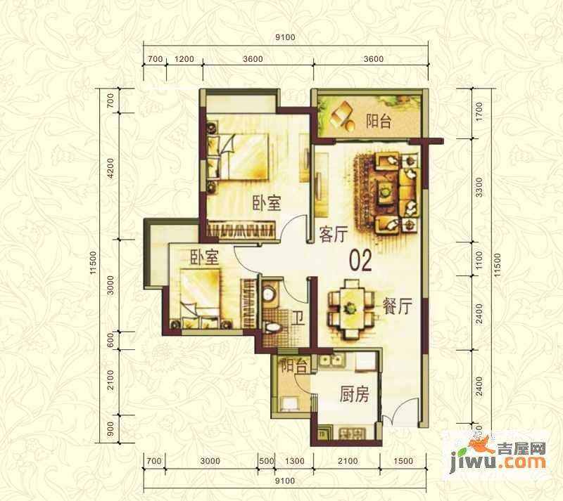 中惠珺庭2室2厅1卫82.6㎡户型图