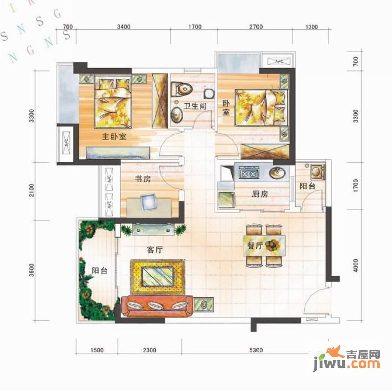 美高春天里3室2厅1卫90.1㎡户型图