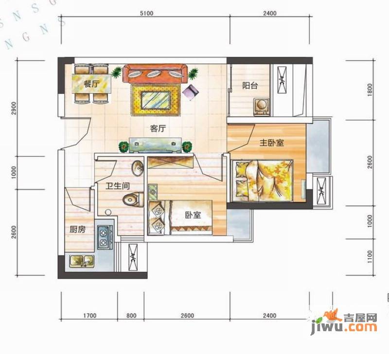 美高春天里2室2厅1卫46.6㎡户型图