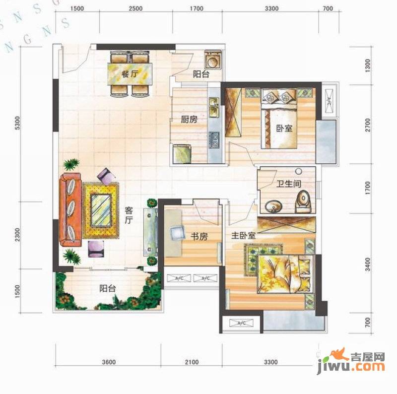 美高春天里3室2厅1卫89.9㎡户型图