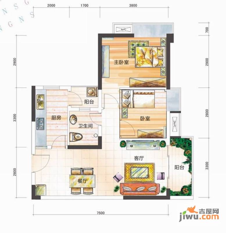 美高春天里2室2厅1卫73.7㎡户型图