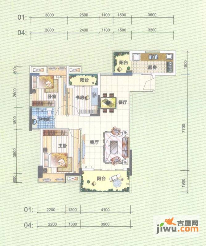 美高春天里3室2厅1卫96.8㎡户型图