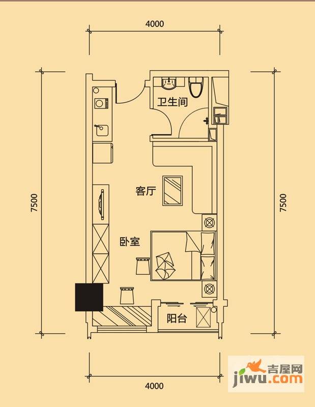 泰兴国际1室1厅1卫37.8㎡户型图
