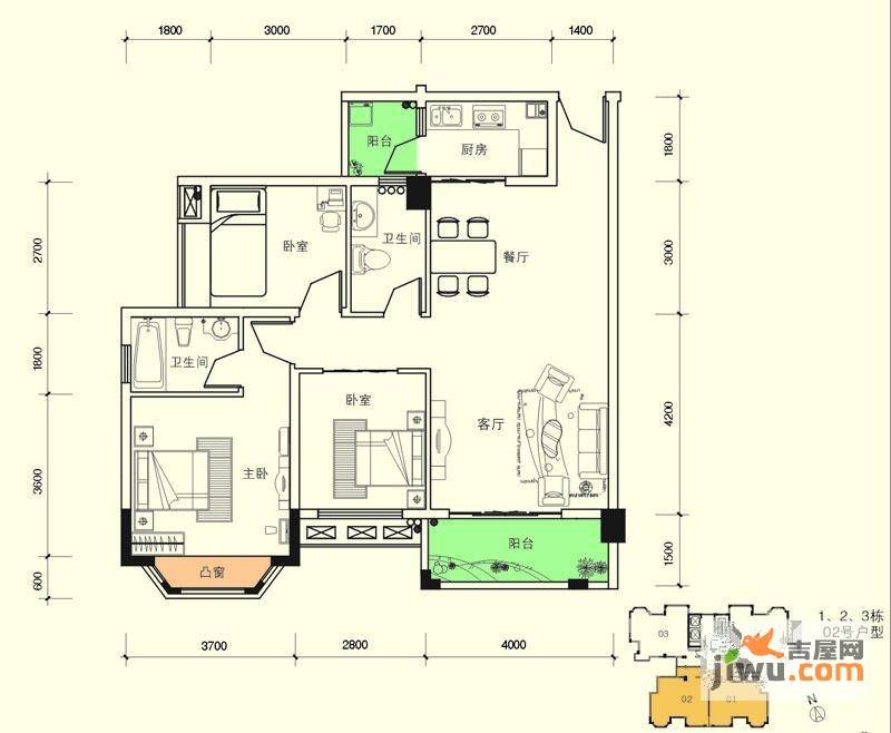 三朵向日葵3室2厅2卫105.6㎡户型图