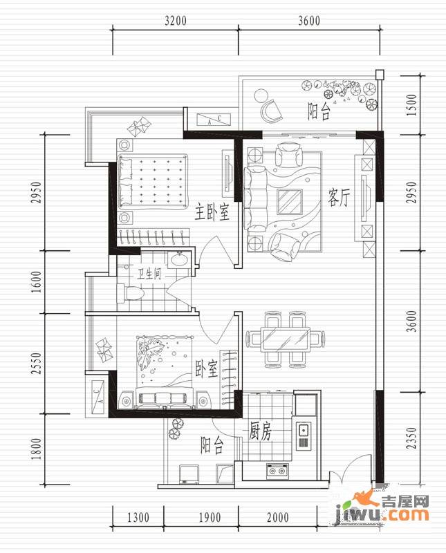 翠堤湾2室1厅1卫74.7㎡户型图