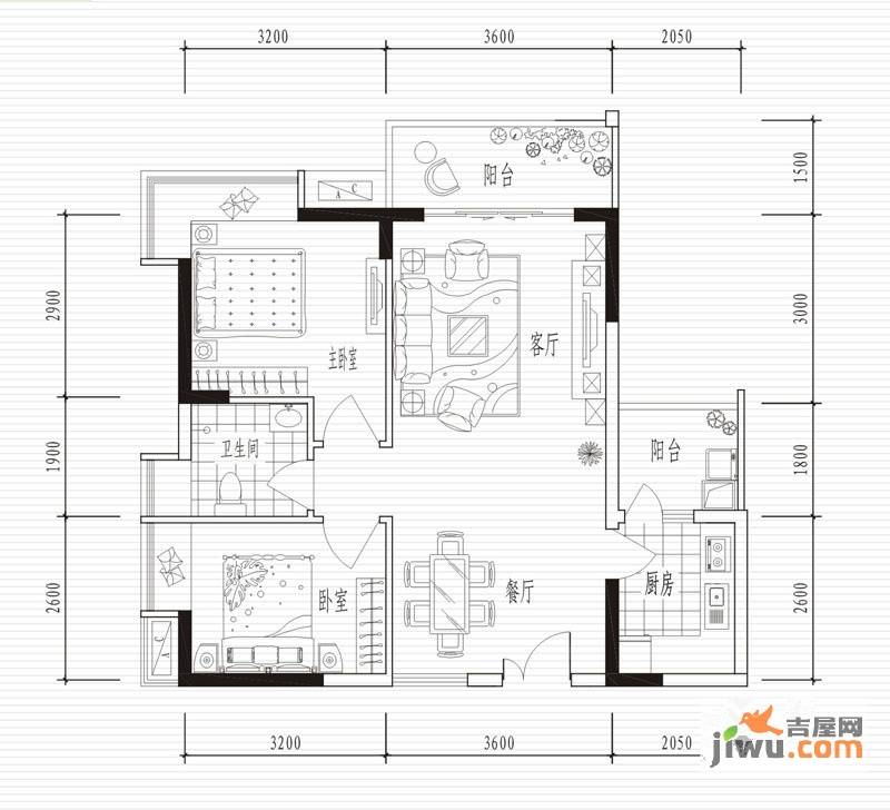 翠堤湾2室2厅1卫77.8㎡户型图