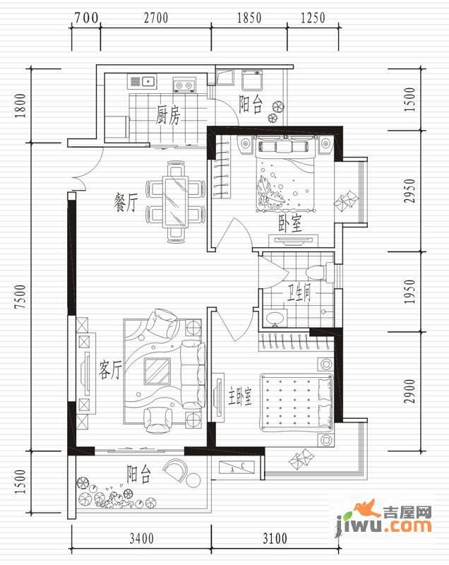 翠堤湾2室2厅1卫74.7㎡户型图