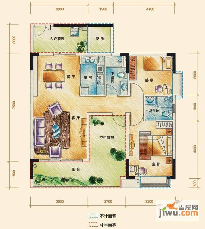 鹏达御西湖2室2厅2卫97.8㎡户型图