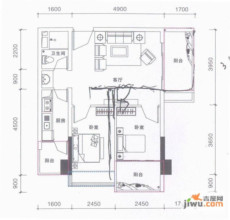 鹏达御西湖2室2厅1卫68㎡户型图