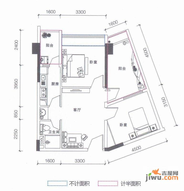 鹏达御西湖2室1厅1卫70㎡户型图