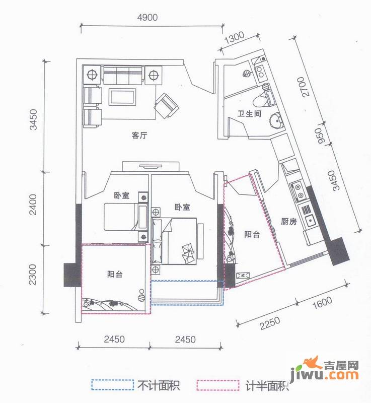 鹏达御西湖2室1厅1卫67㎡户型图