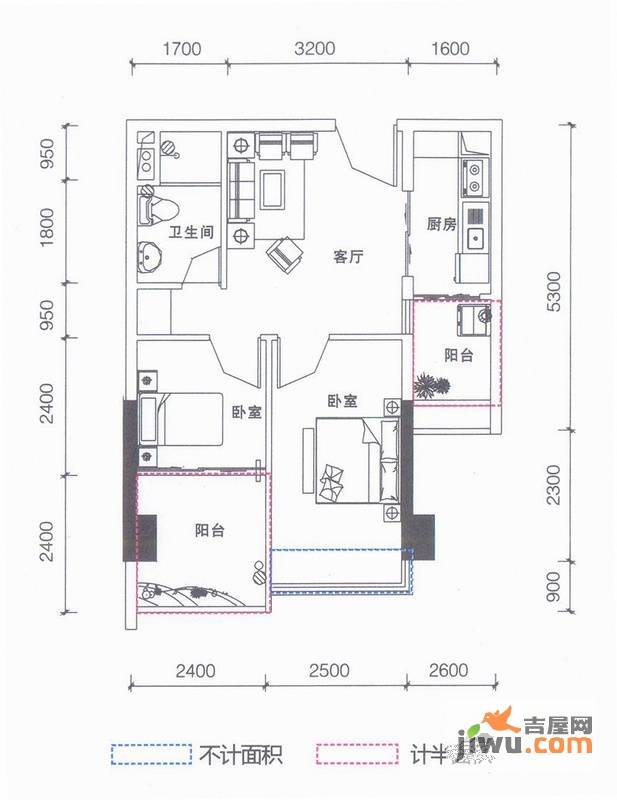 鹏达御西湖2室1厅1卫57㎡户型图