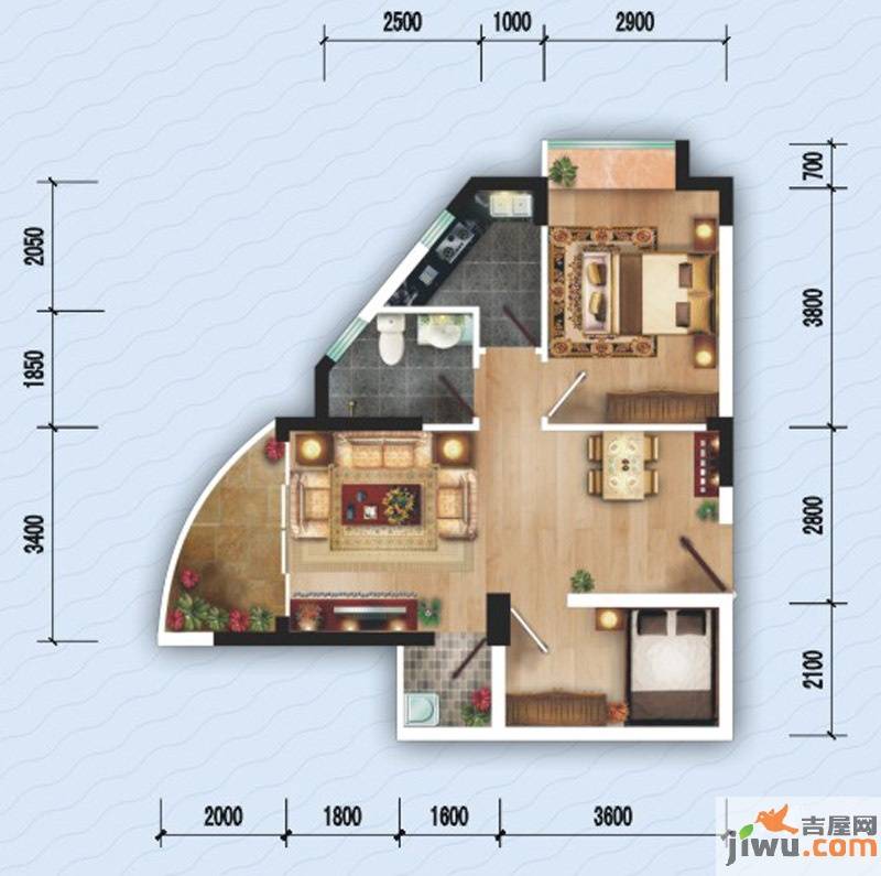 海天阳光花园2室2厅1卫64.2㎡户型图