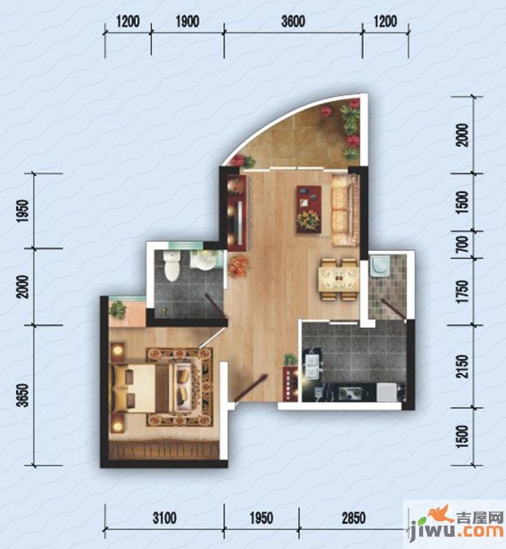 海天阳光花园1室2厅1卫52.8㎡户型图