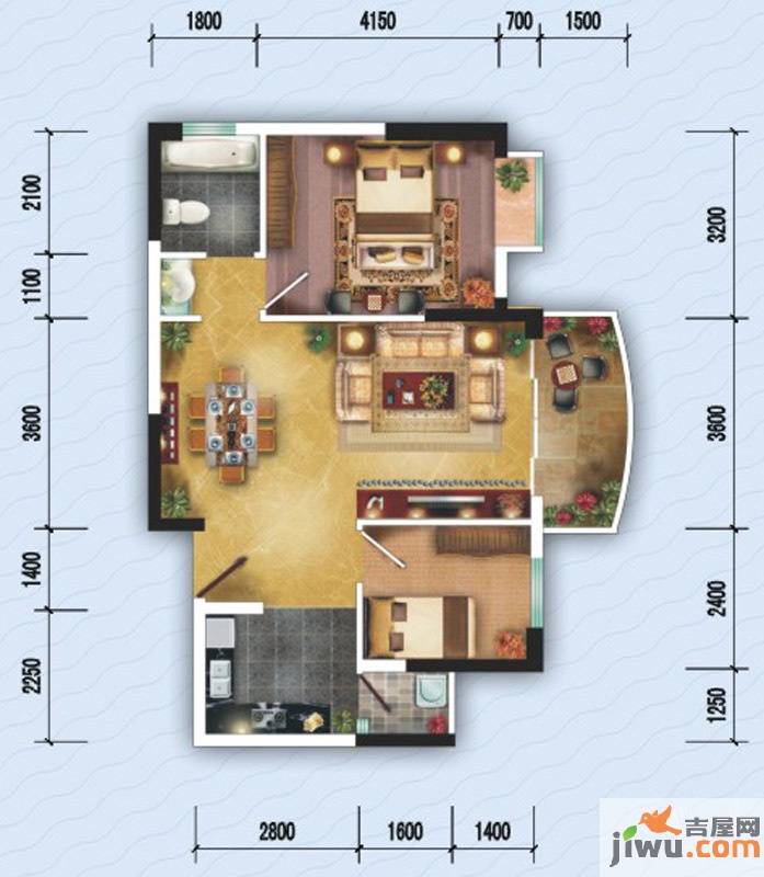 海天阳光花园2室2厅1卫75.8㎡户型图