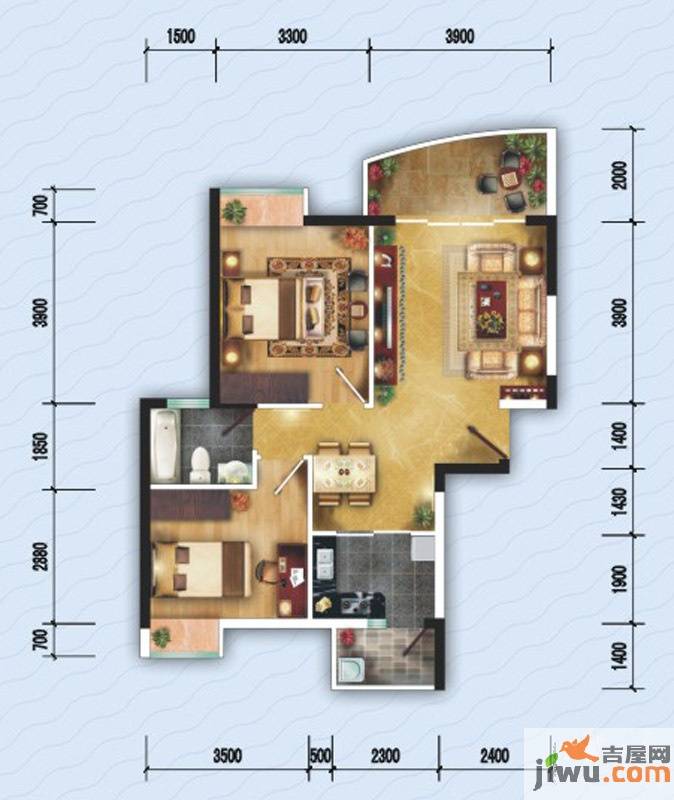 海天阳光花园2室2厅1卫80.9㎡户型图