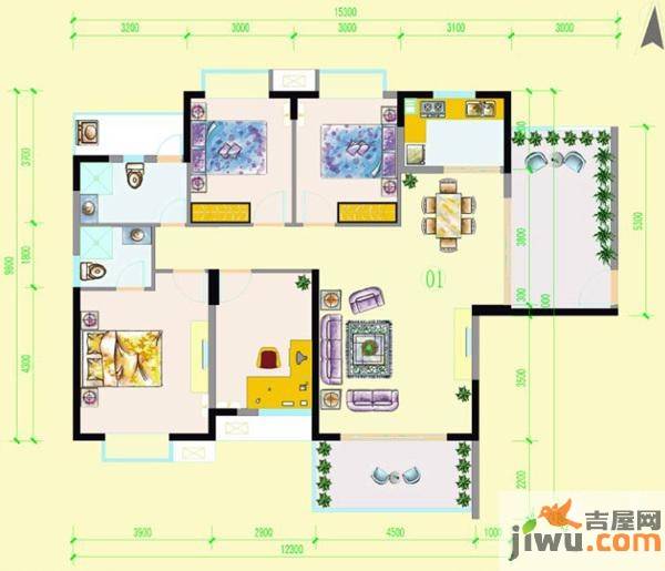 地一家园3室2厅2卫138㎡户型图