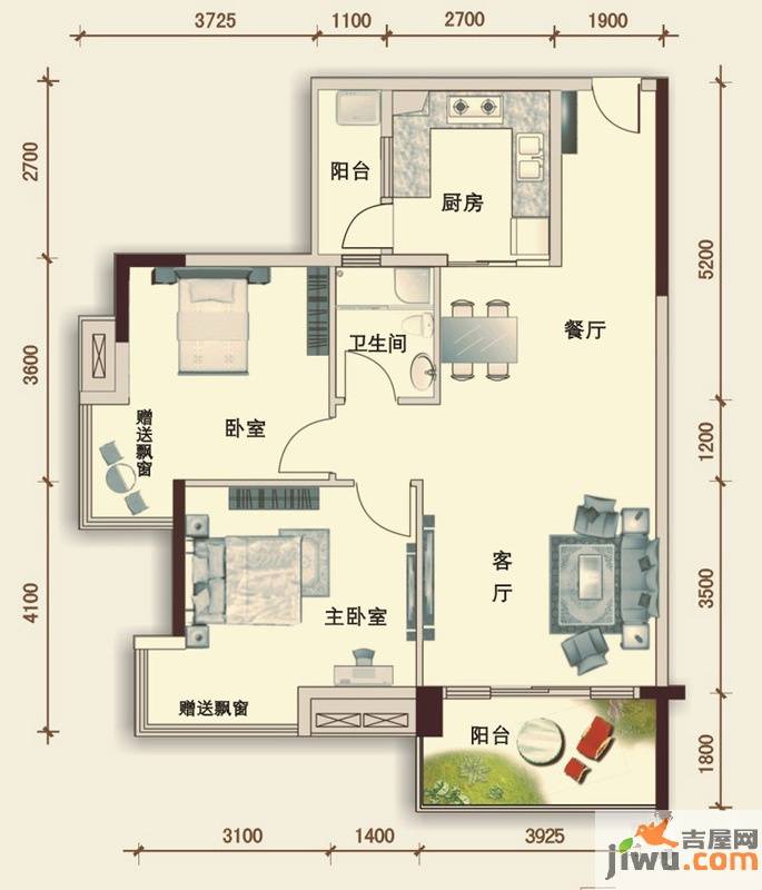 水岸香洲2室2厅1卫89㎡户型图