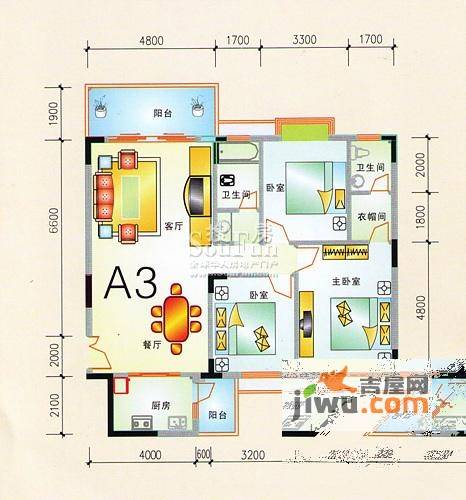 华桂园3室2厅2卫133.8㎡户型图