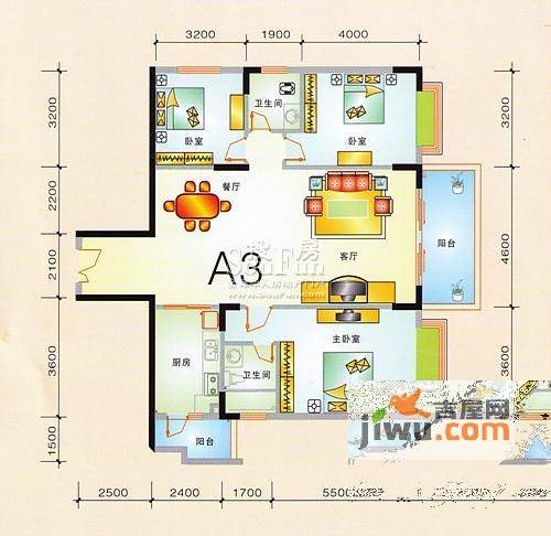 华桂园3室2厅2卫137.6㎡户型图