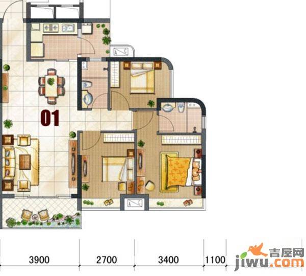 日升昌阳光御园3室2厅2卫90.4㎡户型图