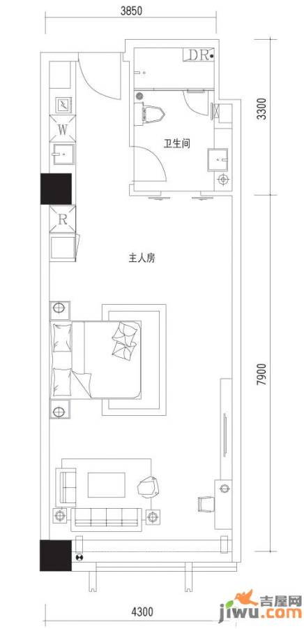 富力丽港银湾1室0厅1卫61.3㎡户型图