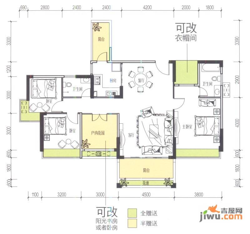 风华丽都4室2厅2卫126.3㎡户型图