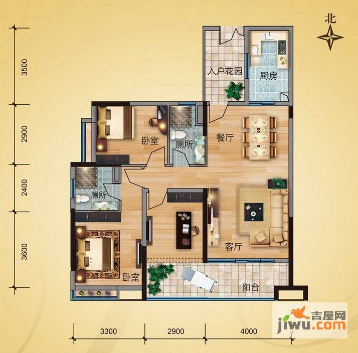 珠光御景湾3室2厅2卫107㎡户型图