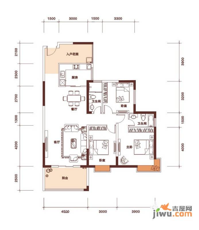 鸿润紫御3室2厅2卫132㎡户型图