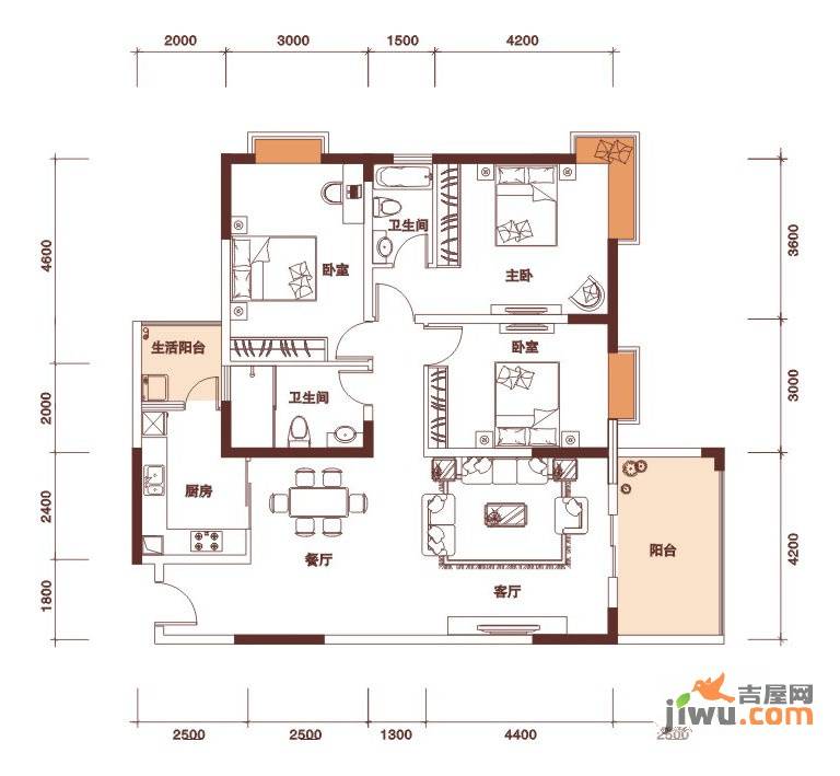 鸿润紫御3室2厅2卫132㎡户型图