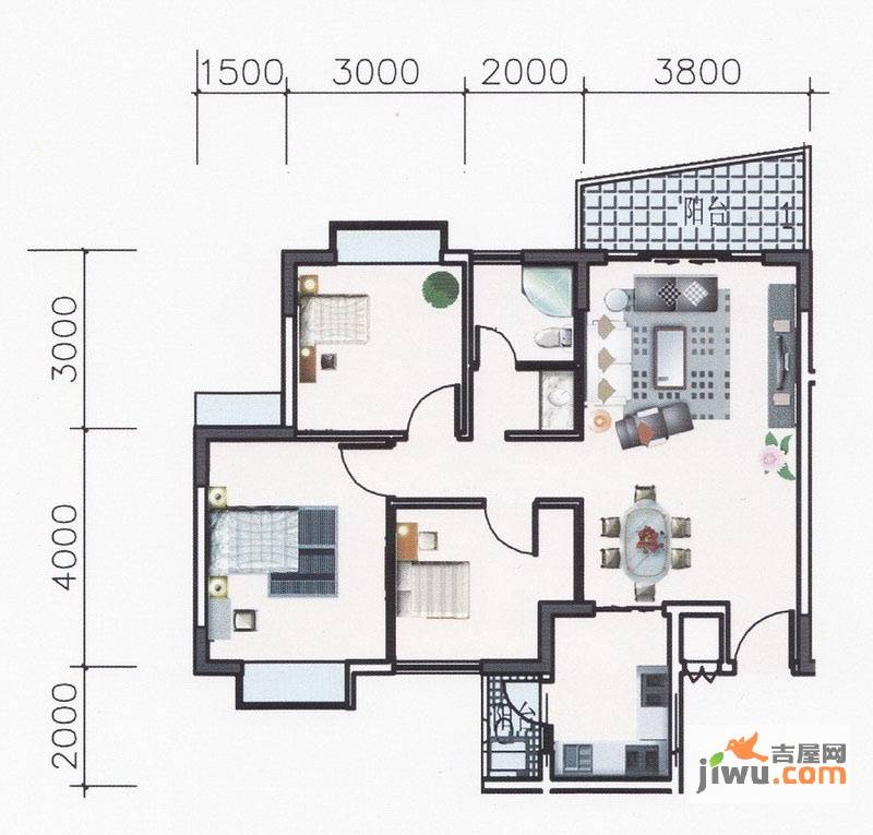 昊地喜悦城果3室2厅1卫89㎡户型图