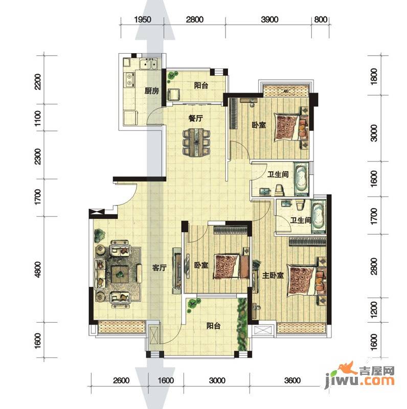 宏益公馆2室2厅2卫106.6㎡户型图