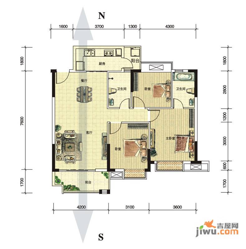 宏益公馆3室2厅2卫116.7㎡户型图