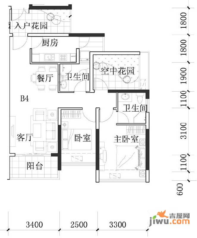 凯南莱弗城3室2厅2卫88.6㎡户型图