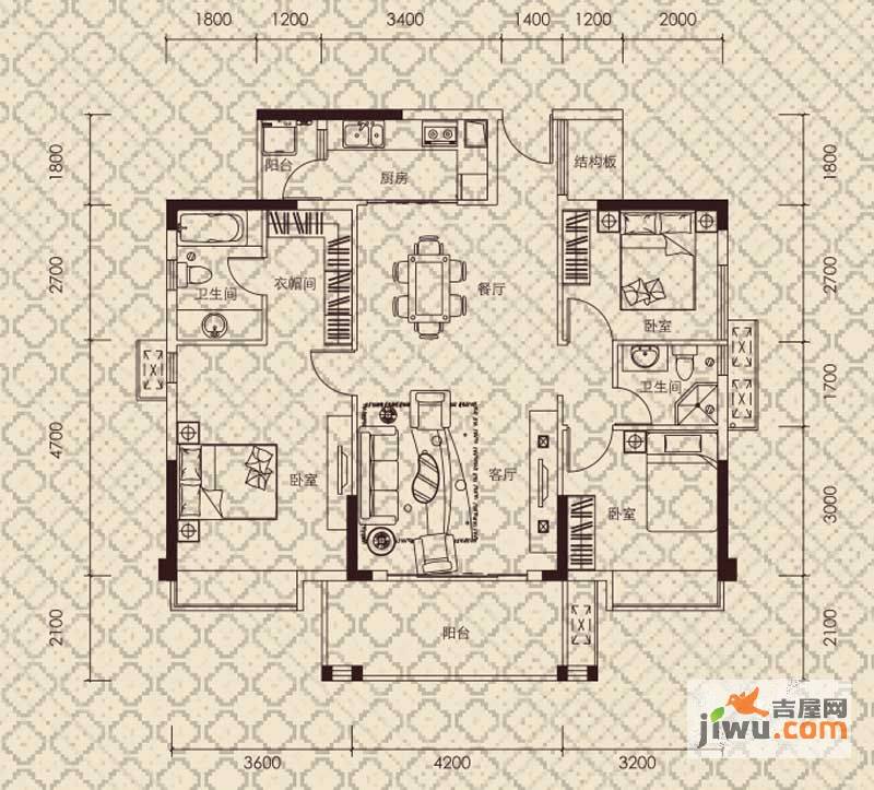 宏益公馆3室2厅2卫122.5㎡户型图