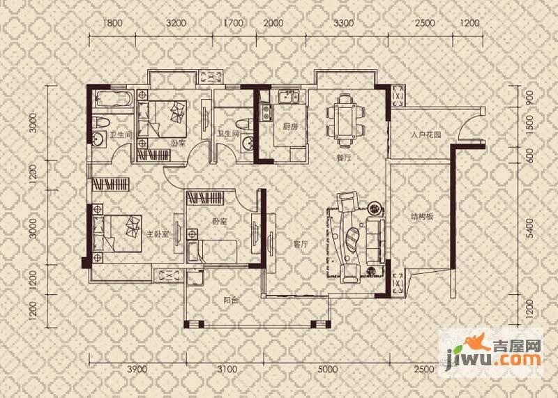 宏益公馆3室2厅2卫125.7㎡户型图