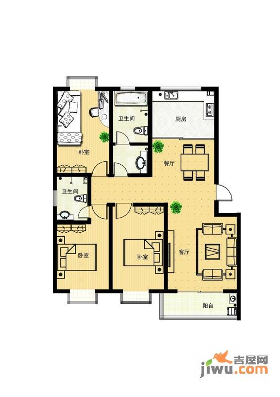 海盛花苑3室2厅2卫122㎡户型图