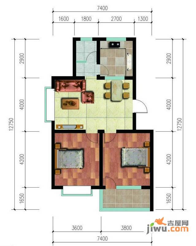 豪森花园2室2厅1卫87㎡户型图