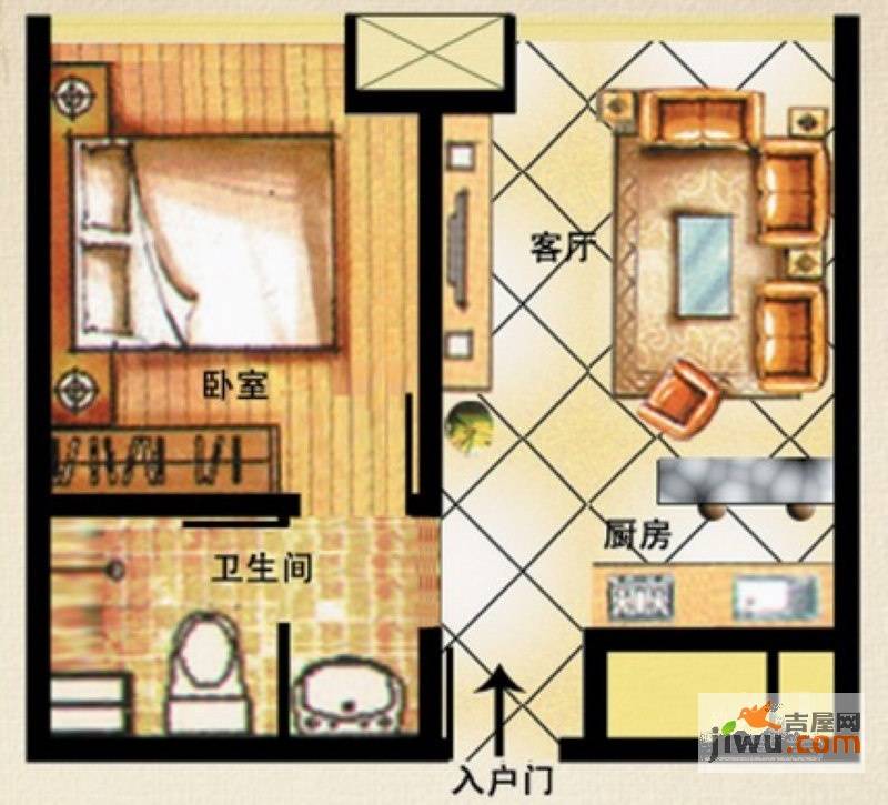 虞河苑1室1厅1卫44㎡户型图