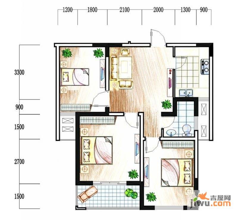 大成优盘3室1厅1卫97㎡户型图